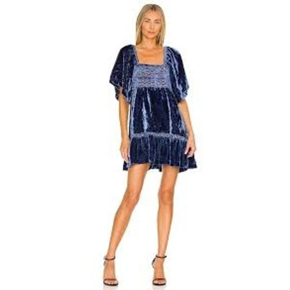Free People Womens Dress XS Blue Velvet Smocked Tie Back Ruffle Mini Dress